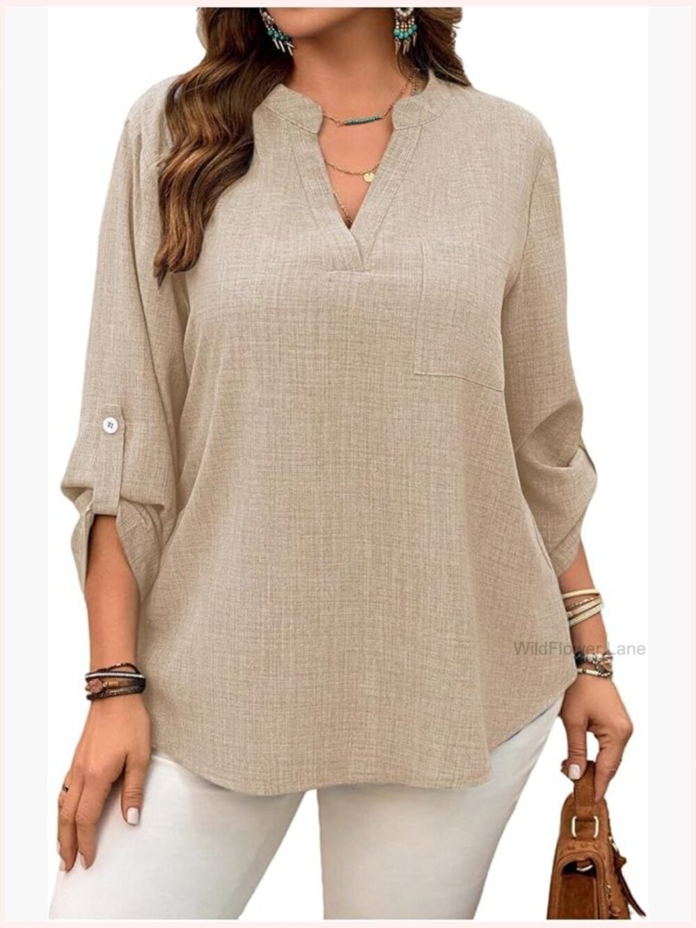 Plus Size 3/4 Sleeve V Neck Blouse Dressy Work Top